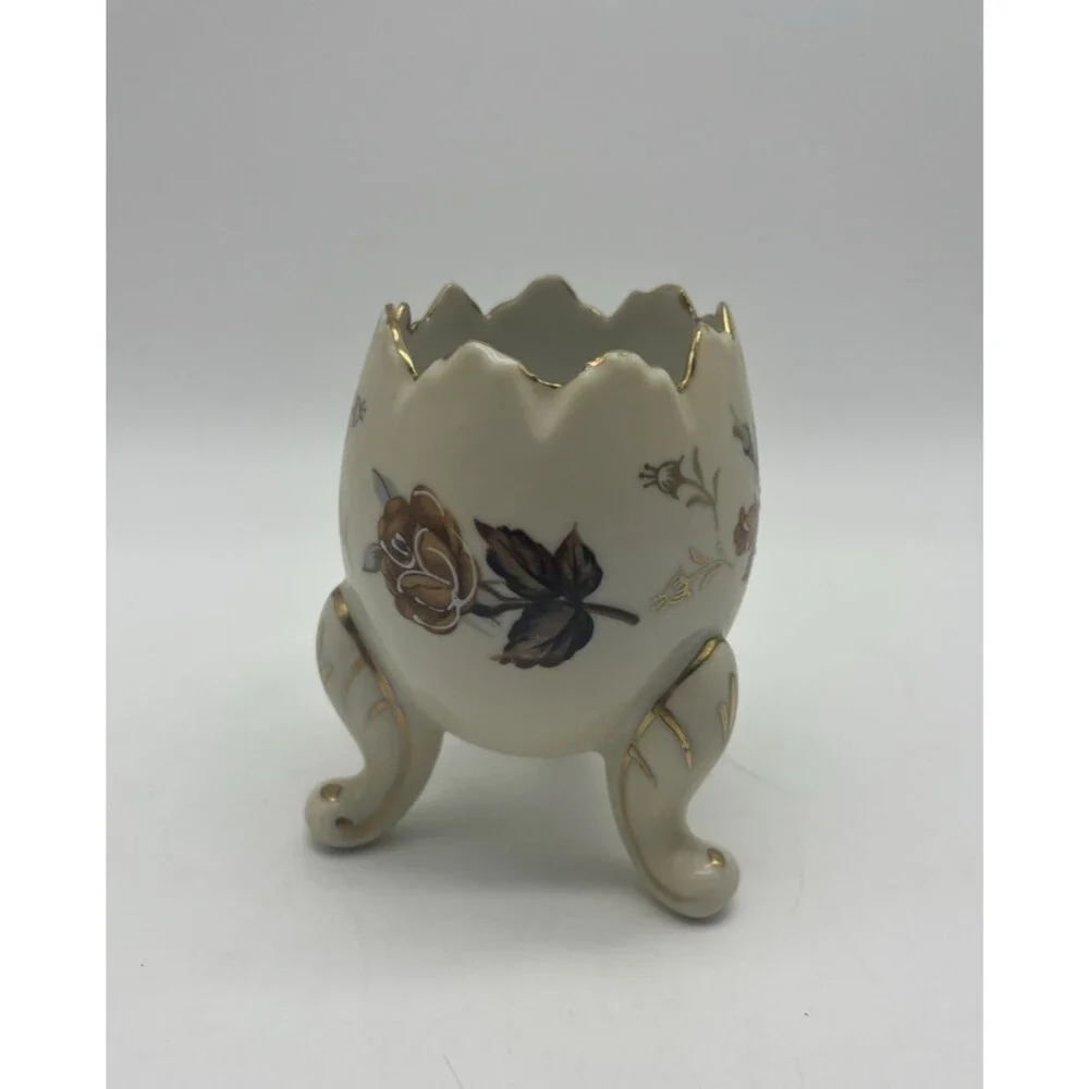 Ceramic Egg-Shaped Figurine Floral Design Three Legs Glossy